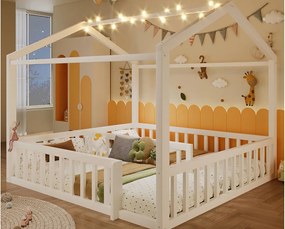 Łóżko domkowe dziecięce 180x190 cm - z barierkami bezpieczeństwa - z oświetleniem LED - biały​ (materac nie jest wliczony w cenę)