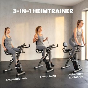 SPORTNOW Rower treningowy 3 w 1 Składany Cichy Leżący ergometr z monitorem LCD Bluetooth Czujnik tętna Taśmy oporowe | Aosom PL