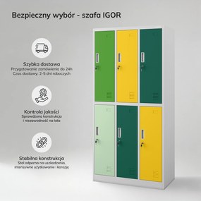 Szafka socjalna ubraniowa BHP szaro-zielono-żółta 6-drzwiowa: IGOR, 900 x 1850 x 450 mm