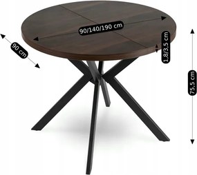 Stół Okrągły Rozkładany LUGO 90-190 cm Orzech/Czarny Loft