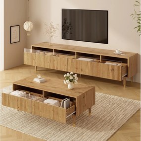 Zestaw szafek RTV z 4 szufladami + stolik kawowy z 2 szufladami - z diodami LED - MDF - naturalny