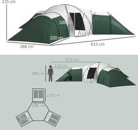 Outsunny Namiot Kempingowy dla 6-9 Osób, 4 Pomieszczenia, Wodoodporny, Przednamiot, 615x615x225cm, Zielony