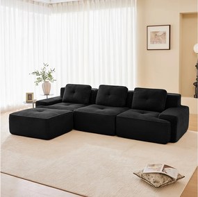Modułowa Sofa Narożna 3-osobowa w Welurze żebrowanym, z pufą i 3 poduszkami, 293x177x69cm, Czarny