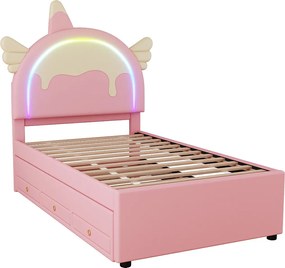 Łóżko dziecięce 90 x 200 cm – z zagłówkiem, szufladami, stelażem – różowe – bez materaca