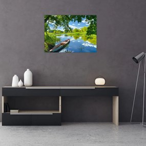 Obraz na szkle letniej rzeki z łodzią (70x50 cm)
