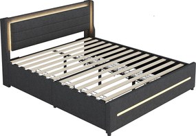 Łóżko podwójne tapicerowane 160x200cm z lnu - z 4 szufladami i oświetleniem LED - z stelażem na listwy - Szare