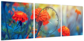 Obraz - Pomarańczowe kwiaty (z zegarem) (90x30 cm)