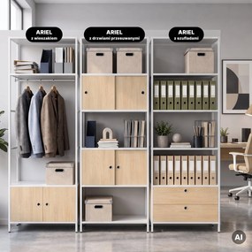 Regał biurowy otwarty z drążkiem na ubrania, do recepcji i poczekalni, metalowy, biały/dąb sonoma, 800x2200x400 mm: ARIEL Eco Design