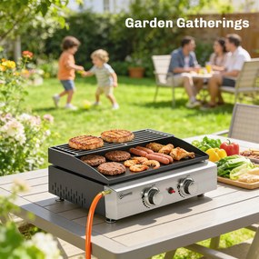Outsunny Grill gazowy 5 kW przenośny stołowy z 2 palnikami, ceramiczną powłoką i rusztem podgrzewającym | Aosom PL