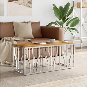 Nowoczesny i solidny srebrny stolik kawowy ze stali nierdzewnej i litego drewna akacjowego