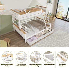 Łóżka piętrowe 2 x 90 x 200 cm + łóżko wysuwane 90 x 190 cm - z 2 dużymi szufladami i zagłówkiem - sosna + MDF - kolor: biały + naturalny
