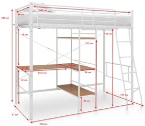 Białe metalowe łóżko z biurkiem i regałem 90x200 cm - Morgan