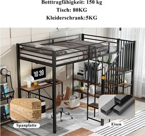 Łóżko piętrowe dla dzieci - 120 x 200 cm - drabinka narożna ze schowkiem + stolik i półka - metal + płyta MDF - czarne