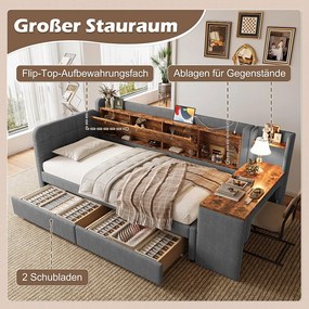 Sofa dziecięca rozkładana - 90 x 200 cm - z biurkiem + 2 szufladami + USB + schowkiem - len - szara