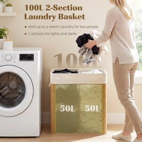HOMCOM Kosz na pranie z bambusa z pokrywą 2 komory 100 L, kosz na bieliznę z uchwytami z liny, wymienny worek na pranie