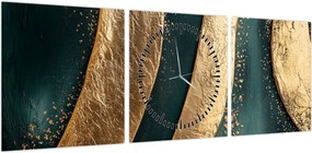 Obraz - Zielona abstrakcja ze złotem I. (z zegarem) (90x30 cm)