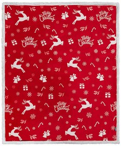 Świąteczny koc czerwony z mikropluszu z barankiem CANDY BELLS Rozmiar: 160 x 200 cm