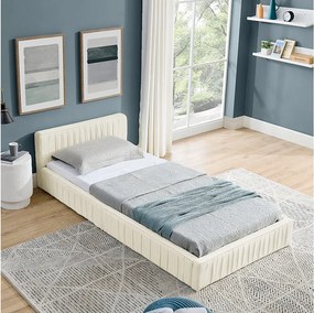 Łóżko dziecięce 90x200 cm z tapicerowanym zagłówkiem, szenila beżowa - bez materaca