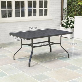 Outsunny Stół Ogrodowy 152x90 cm, Stół Balkonowy Odporny na Warunki Pogodowe, z Otworem na Parasol, Design z Lamelami, Czarny