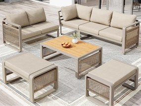 Salon ogrodowy, zestaw mebli na 6-7 osób - lin - kanapa narożna - z żelaza ocynkowanego - stolik kawowy - 2 taborety, Beżowy