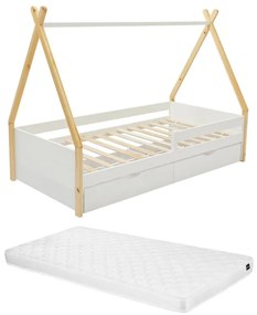 Łóżko tipi 90 x 190 cm z szufladami - Drewno sosnowe i MDF - Biały i naturalny + Materac - LUANCO