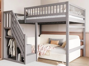Łóżko mezzanine 140x200cm - ze schodami z miejscem do przechowywania - drewno lite + sklejka + MDF - Szary