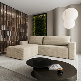 Masseno Narożnik CALTI z funkcją spania i pojemnikiem na pościel Narozniki L, Rozkładana sofa - Kremowy, TILIA 03