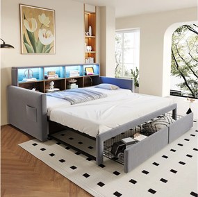 Rozkładana sofa dziecięca - 90/180 x 190 cm - zagłówek z miejscem do przechowywania + diody LED + gniazdka - z 2 szufladami - welur - jasnoszary