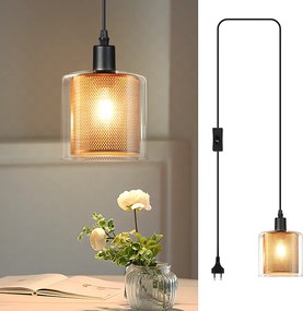 NETTLIFE Lampa wisząca Vintage z jednym płomieniem: Złota lampa wisząca ze szkła z wtyczką i przełącznikiem Lampa wisząca E14