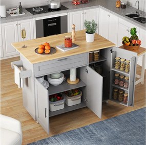 Mobilna wyspa centralna ze składanym blatem roboczym - 132,5 x 44 /70 x 90 cm - z 3 drzwiami + 1 szufladą - MDF - szara