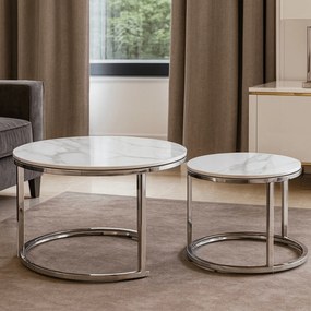 Zestaw Stolików Kawowych AMARA 45,5 cm/60 cm Biały Marmur/Srebrny Glamour