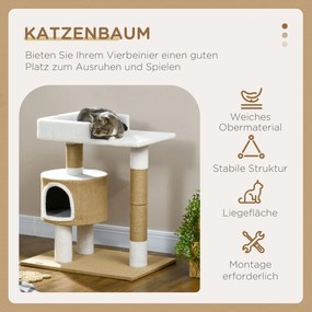 PawHut Drapak dla kotów z domem dla kota, 1 domem dla kota, 1 powierzchnią do leżenia, 70 cm x 49 cm x 79 cm, Naturalny + Biały