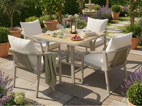 Zestaw jadalniany ogrodowy na 4 osoby - 4 fotele - 1 stół - konstrukcja z żelaza ocynkowanego - z plecionego sznurka - z tworzywa drewnopodobnego, Khaki i beżowy