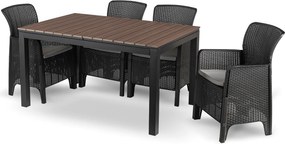 Zestaw Mebli Ogrodowych Stół ARGOS 140-180 cm Orzech/Czarny i 4x Fotel FRESNO Czarny Technorattan Nowoczesny