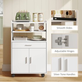 HOMCOM Szafka na mikrofalówkę, półka, szafa z podwójnymi drzwiami, szuflada, kółka, biały