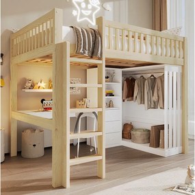 Łóżko piętrowe dla dzieci - 140 x 200 cm - z biurkiem + szafą + 3 szufladami + otwartą przestrzenią do przechowywania - drewno - naturalne