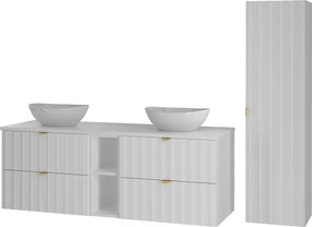 Biały Zestaw Łazienkowy 140cm Szafka z Blatem Regał Umywalka Słupek Ryflowane Fronty Arcos