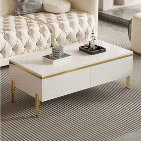 Nowoczesny stolik kawowy lakierowany na wysoki połysk - 100 x 50 x 36 cm - z 2 szufladami - płyta wiórowa - biały