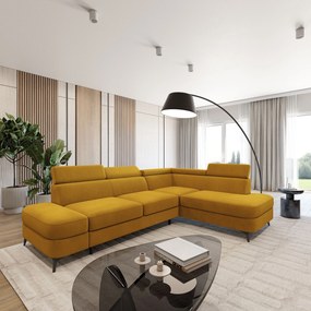 Masseno Narożnik AVISE z funkcją spania i pojemnikiem na pościel Narozniki L, Rozkładana sofa - Żółty, MATT VELVET 48