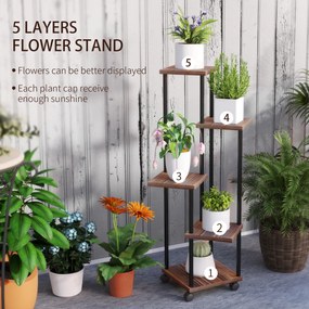 Outsunny Stojak na Kwiaty z 5 Półkami, Pięcioetapowy Stojak na Rośliny, Design Przestawny, Łatwy do Przemieszczenia, Drewno, Stal
