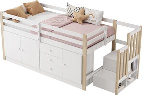 Łóżko mezzanine dla dzieci 90x200 cm - z szafkami i szufladami - Białe + Naturalne