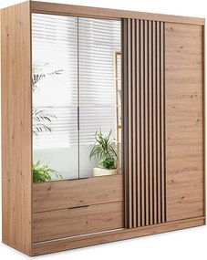 Szafa 3-drzwiowa z 2 szufladami – Z lustrem – Szerokość 203 cm – Kolor: Naturalny i czarny – SIDOVIA
