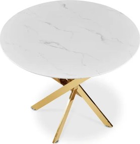 Stół Okrągły Szklany BALI 100 cm Biały Marmur/Złoty Glamour