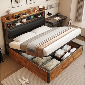 Łóżko vintage ze schowkiem - 180 x 200 - z USB + tapicerowany zagłówek ze schowkiem - Metal + tkanina + MDF - czarne