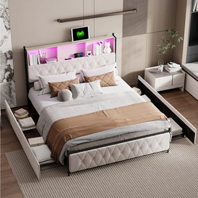 Nowoczesne Beżowe Łóżko Tapicerowane Welurem z Szafkami Bocznymi - 180 x 200 cm - Port USB + Podświetlenie LED RGB w Zagłówku