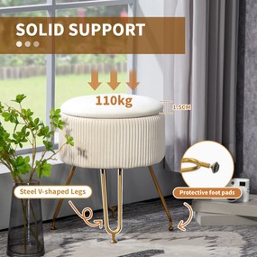 HOMCOM 2-w-1 Hoker z miejscem do przechowywania na metalowych nogach, okrągły podnóżek do salonu, sypialni, przedpokoju, Kremowy