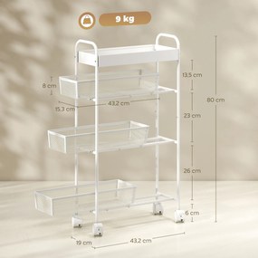 HOMCOM Wózek kuchenny metalowy, 3 kosze, wąski design, 4 koła, do kuchni, salonu, łazienki, biały
