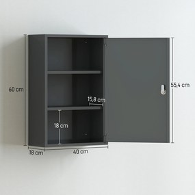 kleankin Wisząca szafka na leki, szafka łazienkowa z 3 półkami, 2 kluczami, 40 x 18 x 60 cm, szary | Aosom PL
