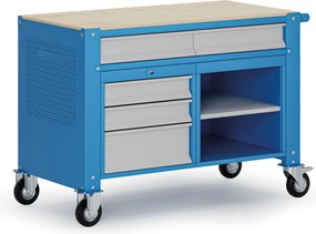 Mobilny stół warsztatowy G9, 1 półka, 5 szuflad, 1180 x 595 x 865-1130 mm, szary/niebieski