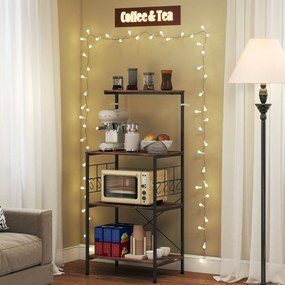 HOMCOM Regał kuchenny, 4-poziomowy design, powierzchnia robocza, 8 haczyków, metalowe rury, brązowy+czarny